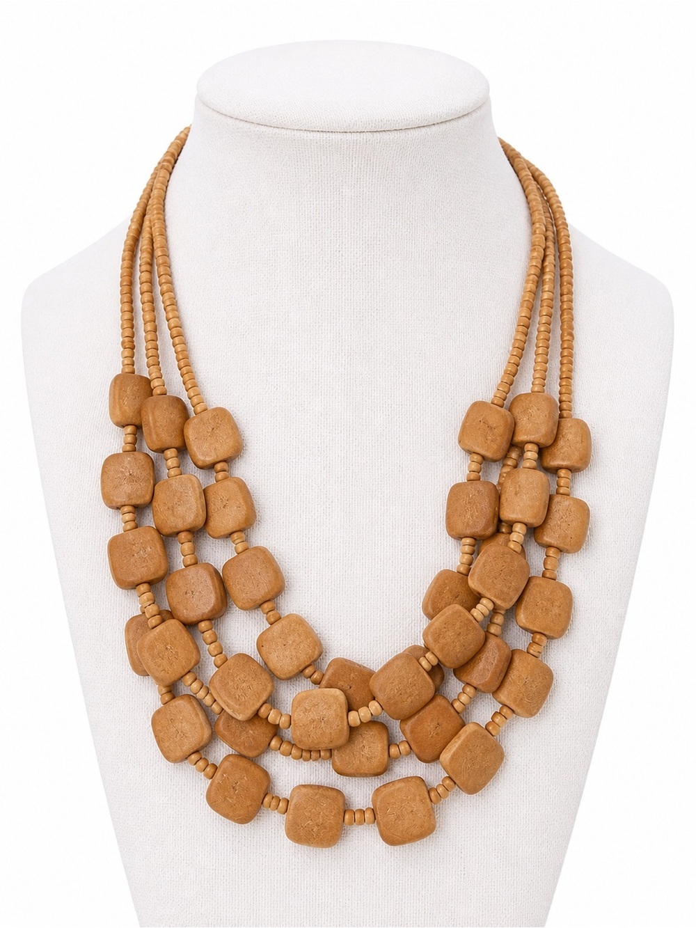 Layered Wooden Bead Statement Necklace Boho Natural Multi Strand
